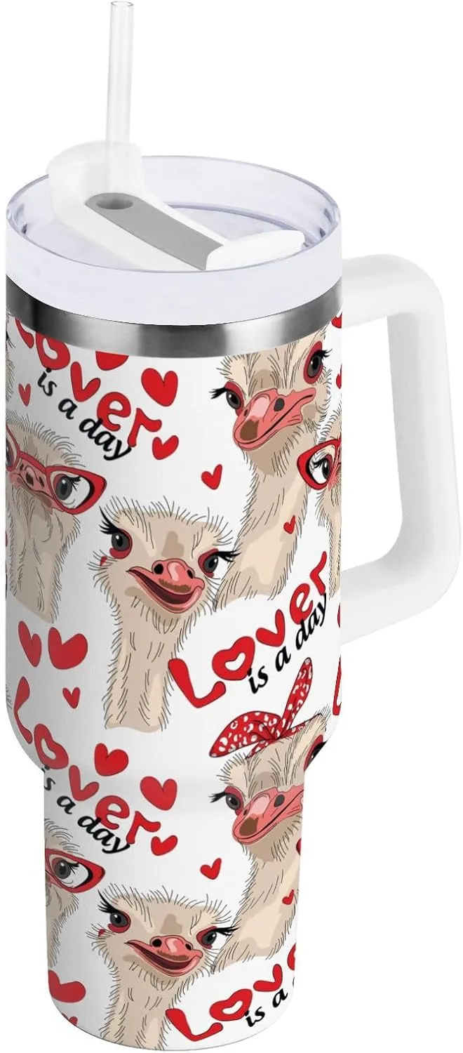Poeticcity Stainless Steel Car Travel Mug, Thermal Tumbler Insulated Water Bottle Hot Holder Vacuum Coffee Cold Tea Cup 40 oz Ostriches with Red Glasses Hairpins Lover is a Day Letterings