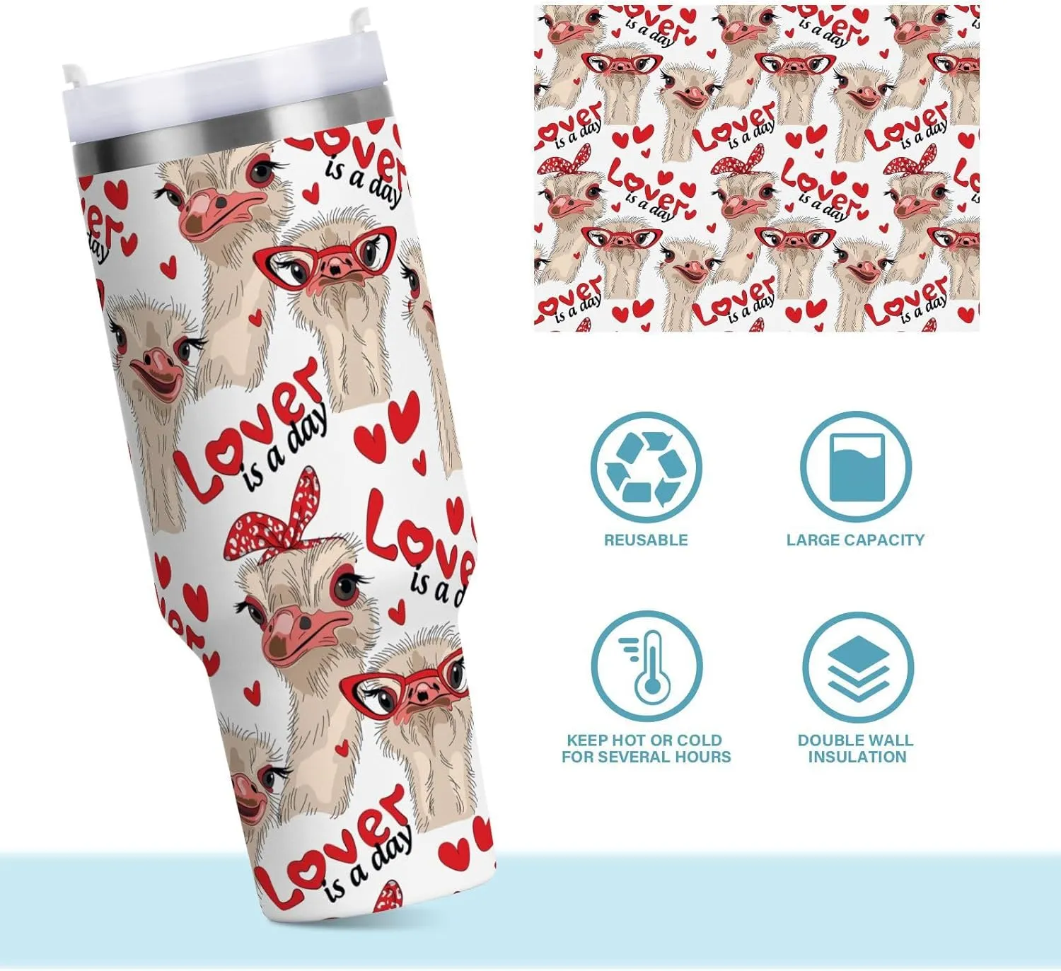 Poeticcity Stainless Steel Car Travel Mug, Thermal Tumbler Insulated Water Bottle Hot Holder Vacuum Coffee Cold Tea Cup 40 oz Ostriches with Red Glasses Hairpins Lover is a Day Letterings