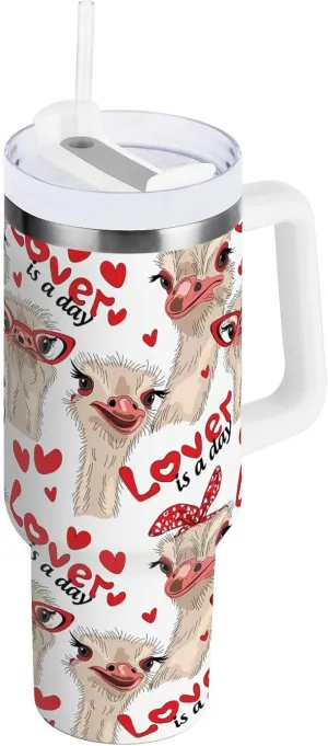 Poeticcity Stainless Steel Car Travel Mug, Thermal Tumbler Insulated Water Bottle Hot Holder Vacuum Coffee Cold Tea Cup 40 oz Ostriches with Red Glasses Hairpins Lover is a Day Letterings