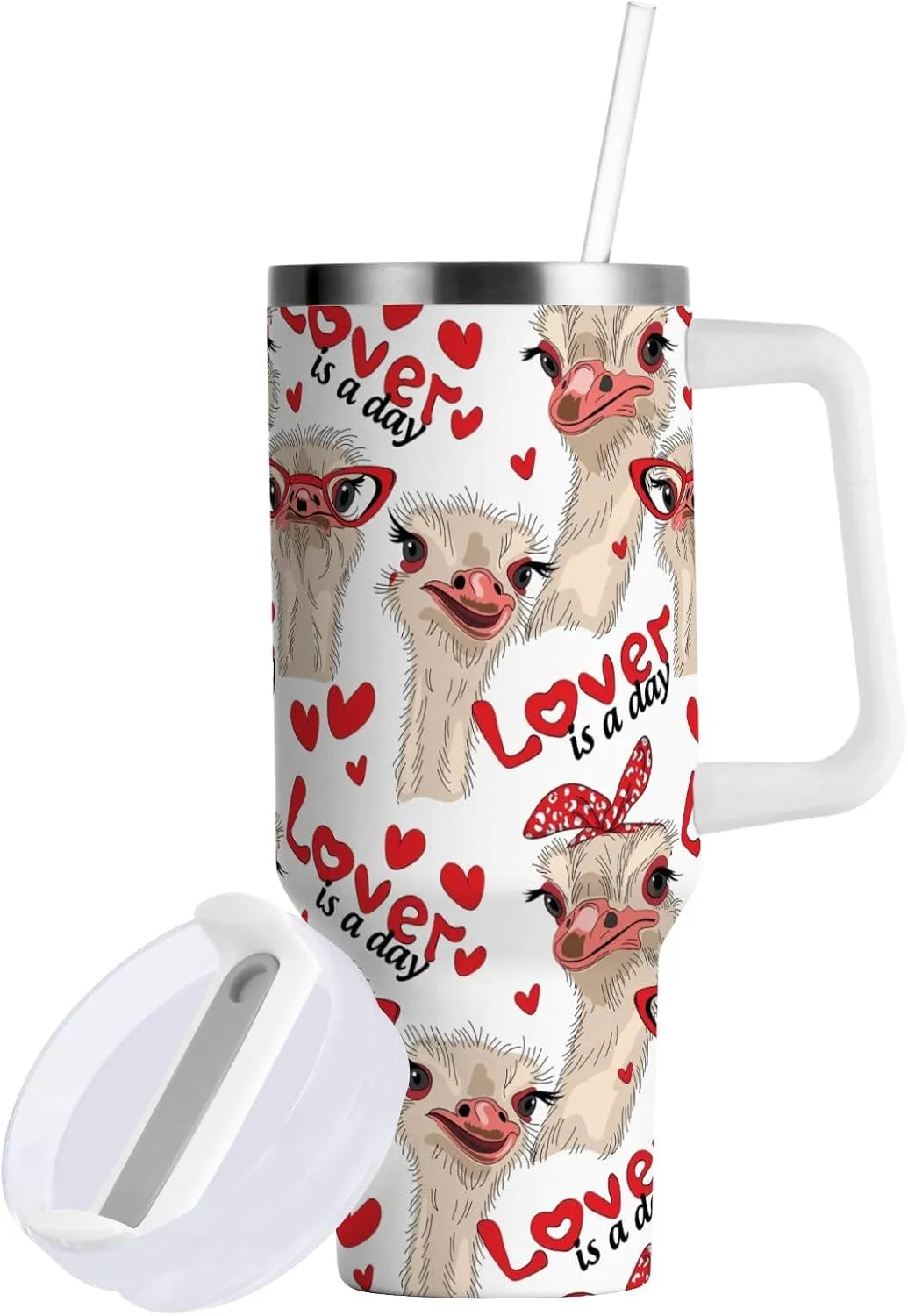 Poeticcity Stainless Steel Car Travel Mug, Thermal Tumbler Insulated Water Bottle Hot Holder Vacuum Coffee Cold Tea Cup 40 oz Ostriches with Red Glasses Hairpins Lover is a Day Letterings