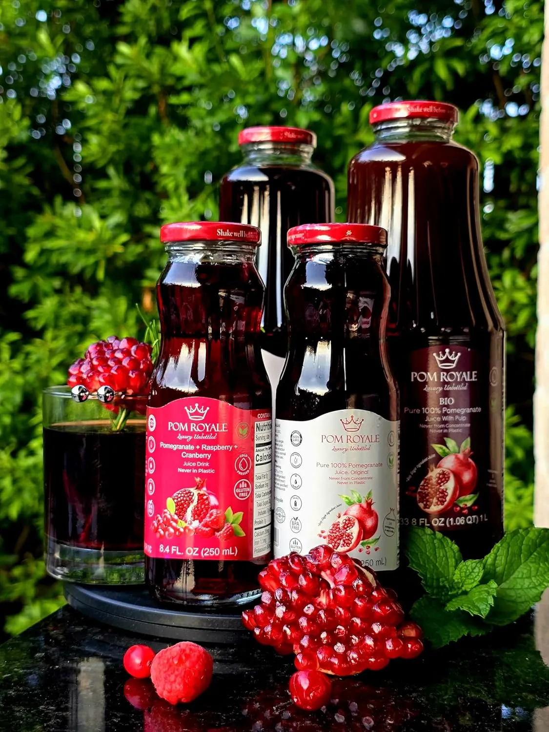 Pom Royale BIO Pomegranate Juice with Pulp, 33.8 fl oz (1L), Cold-Pressed, No Preservatives, Glass Bottle for Freshness