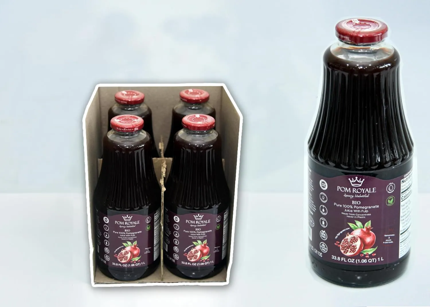 Pom Royale BIO Pomegranate Juice with Pulp, 33.8 fl oz (1L), Cold-Pressed, No Preservatives, Glass Bottle for Freshness