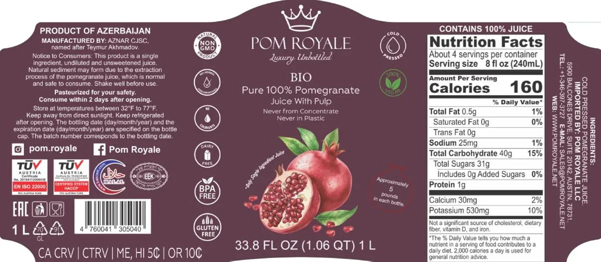 Pom Royale BIO Pomegranate Juice with Pulp, 33.8 fl oz (1L), Cold-Pressed, No Preservatives, Glass Bottle for Freshness