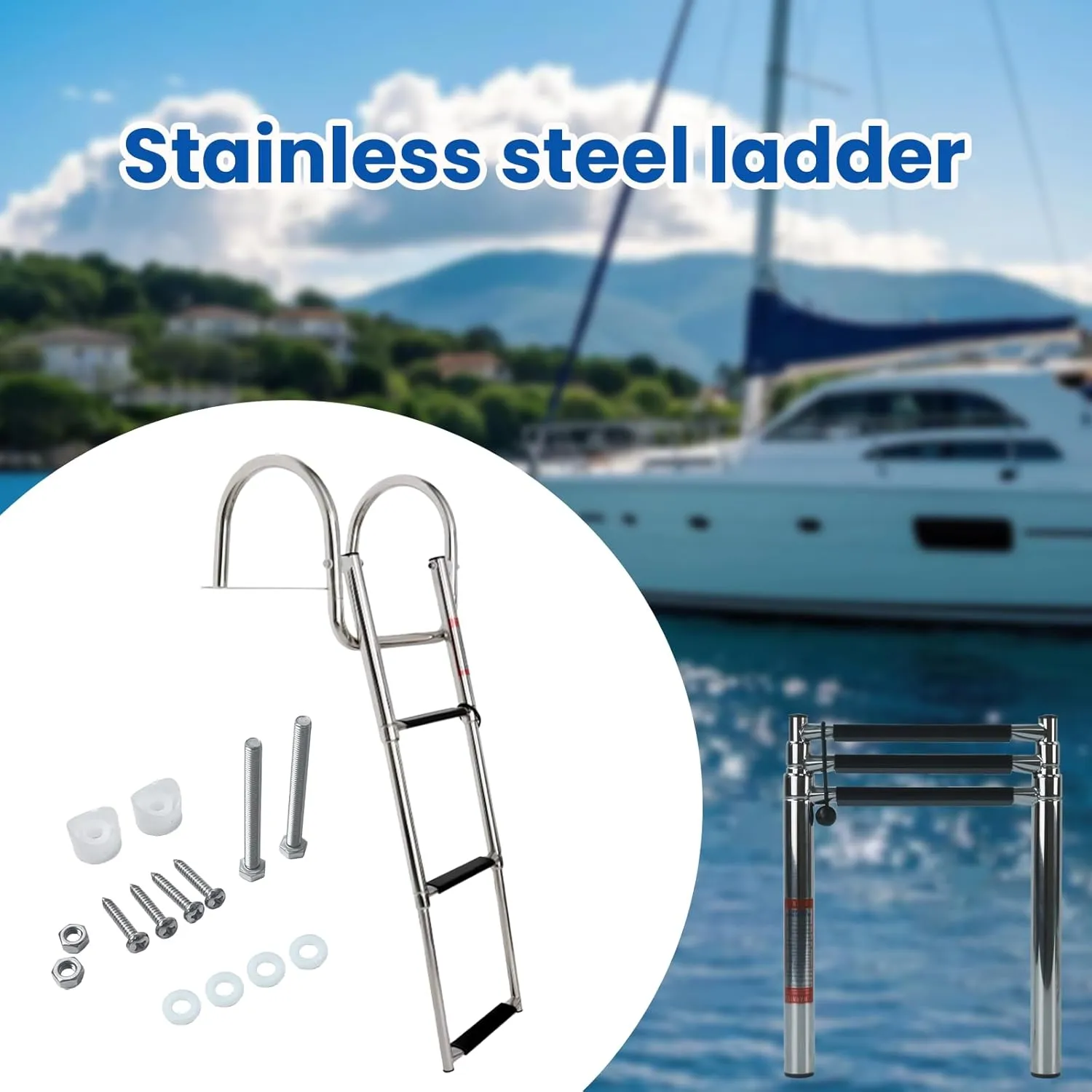 Pontoon Boat Ladder, Stainless Steel 3 Step Telescoping Boat Boarding Ladder with Wide Steps, Folding Boat Swim Ladder,Dock Ladder with Hand Railings Heavy Duty