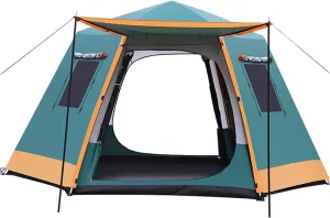 Pop Up Tent for 5 to 8 Person Automatic Opening Hexangular Double Layer Tent, with Moisture-Proof Pad, Camping Instant Pop Up Tents with Sun Shelter Waterproof (Color : Green)