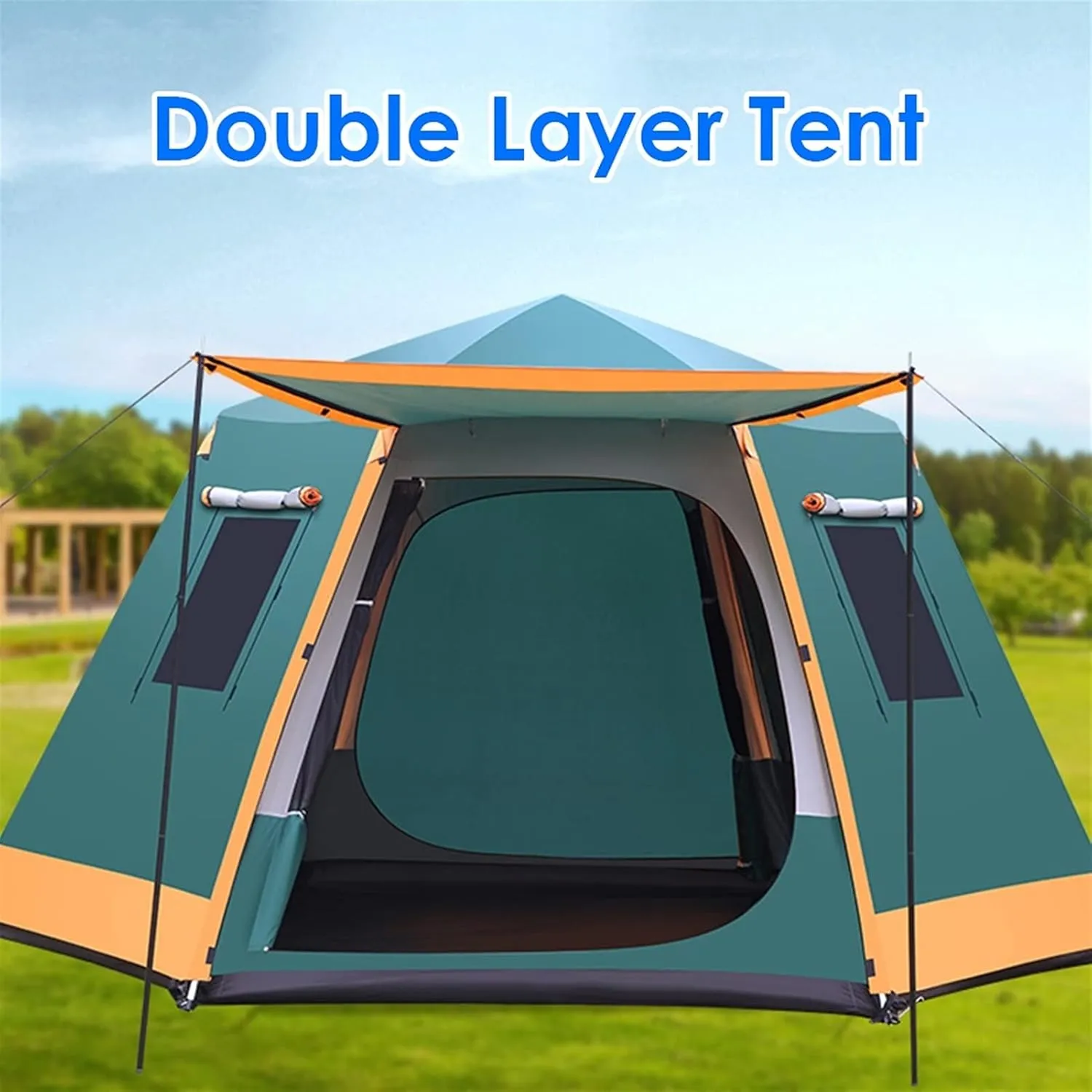 Pop Up Tent for 5 to 8 Person Automatic Opening Hexangular Double Layer Tent, with Moisture-Proof Pad, Camping Instant Pop Up Tents with Sun Shelter Waterproof (Color : Green)