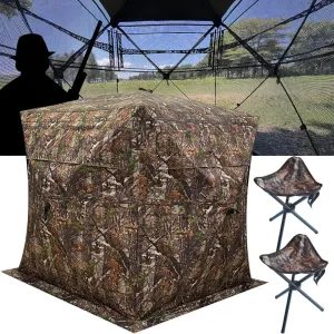 Portable 2-3 Person 270 Degree See Through Hunting Blind Ground Camouflage Pop Up Turkey Deer Blinds Tent with 2 Stools