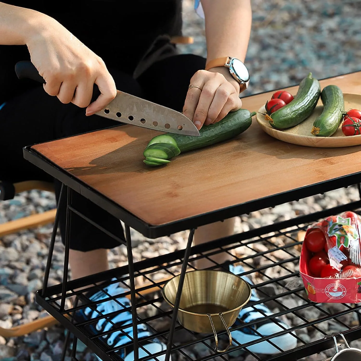 Portable Folding Grill Table Outdoor Camping with Mesh Tabletop Metal Grid Small Easy for Storage Patio Picnic BBQ Garden Dining-Single-Slat