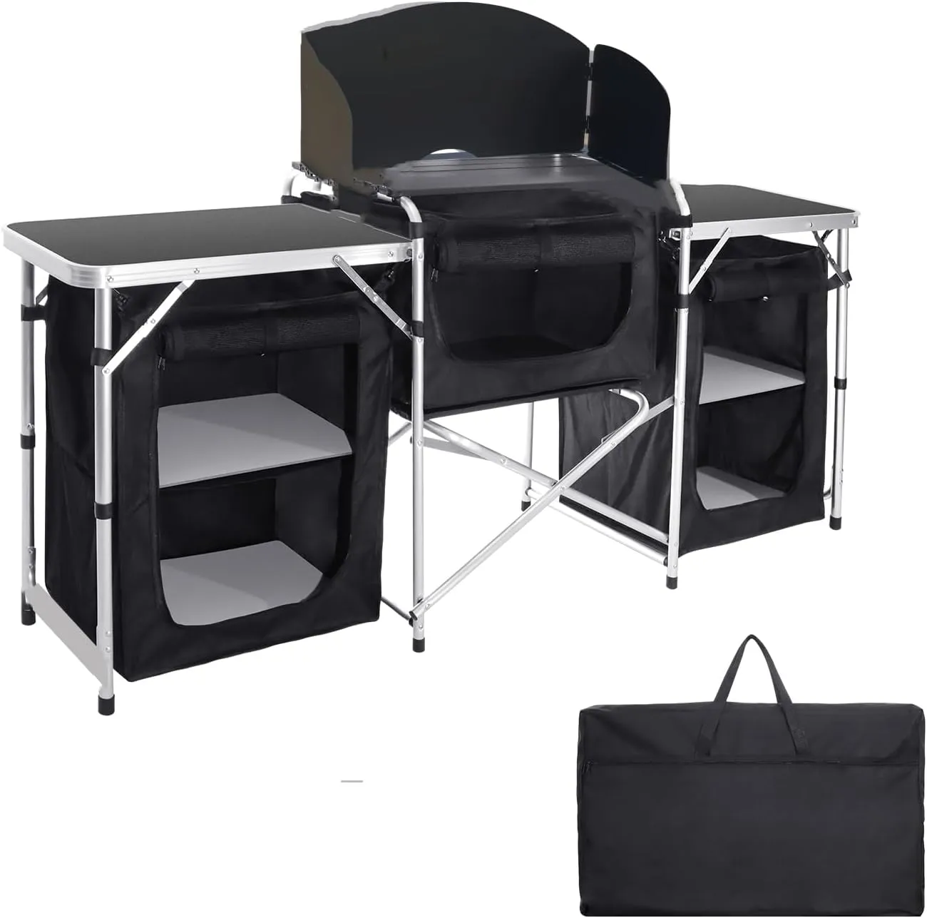 Portable Kitchen Camping Table with Storage Aluminum Picnic Table Folding Table Outdoor Cooking Station with Windscreen Cupboards for BBQ, Party, Outdoor Cooking Black