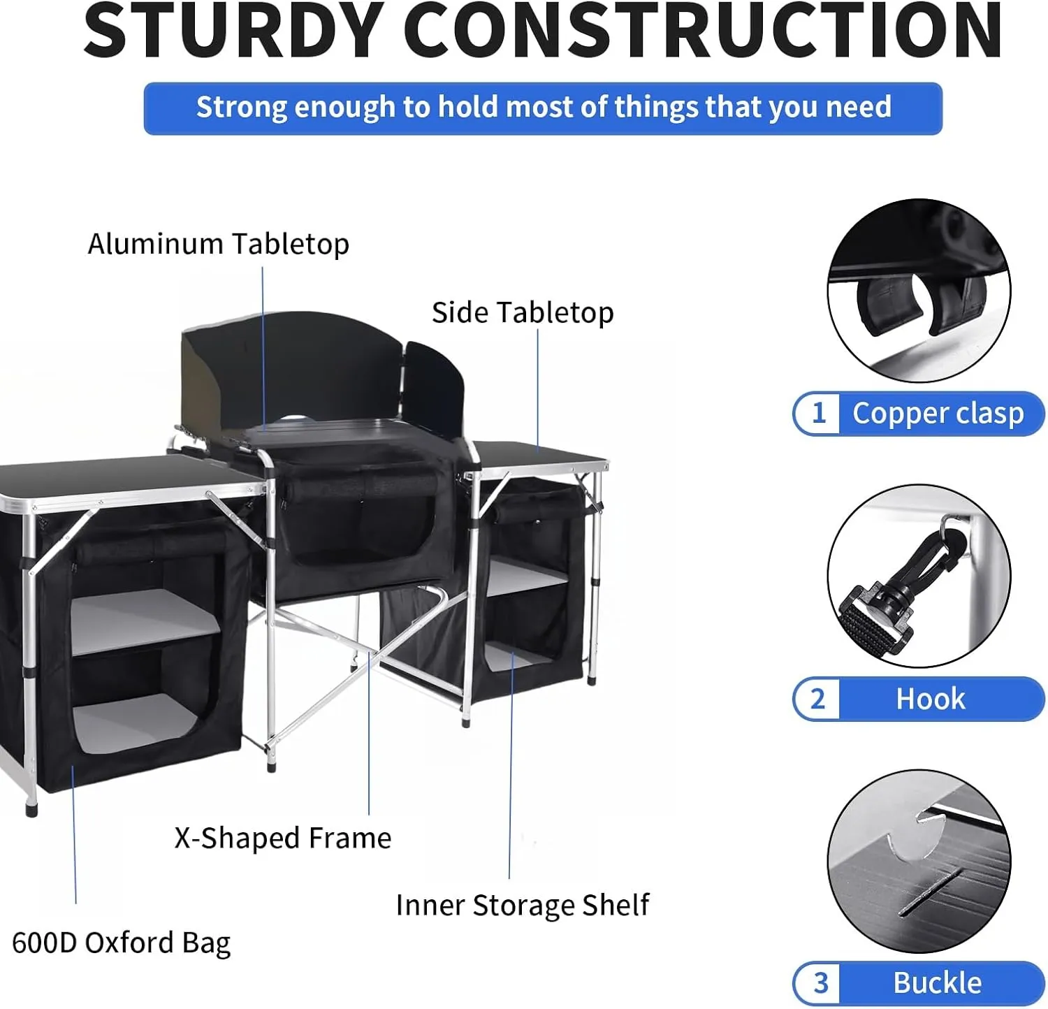 Portable Kitchen Camping Table with Storage Aluminum Picnic Table Folding Table Outdoor Cooking Station with Windscreen Cupboards for BBQ, Party, Outdoor Cooking Black
