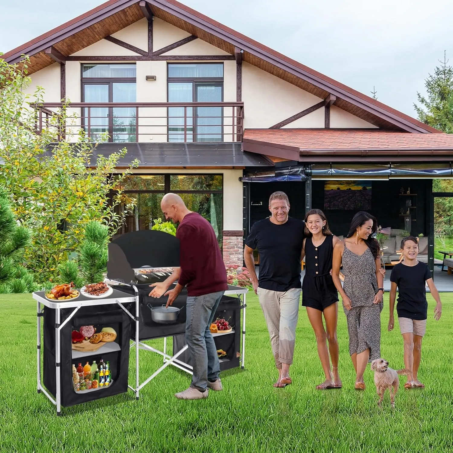 Portable Kitchen Camping Table with Storage Aluminum Picnic Table Folding Table Outdoor Cooking Station with Windscreen Cupboards for BBQ, Party, Outdoor Cooking Black