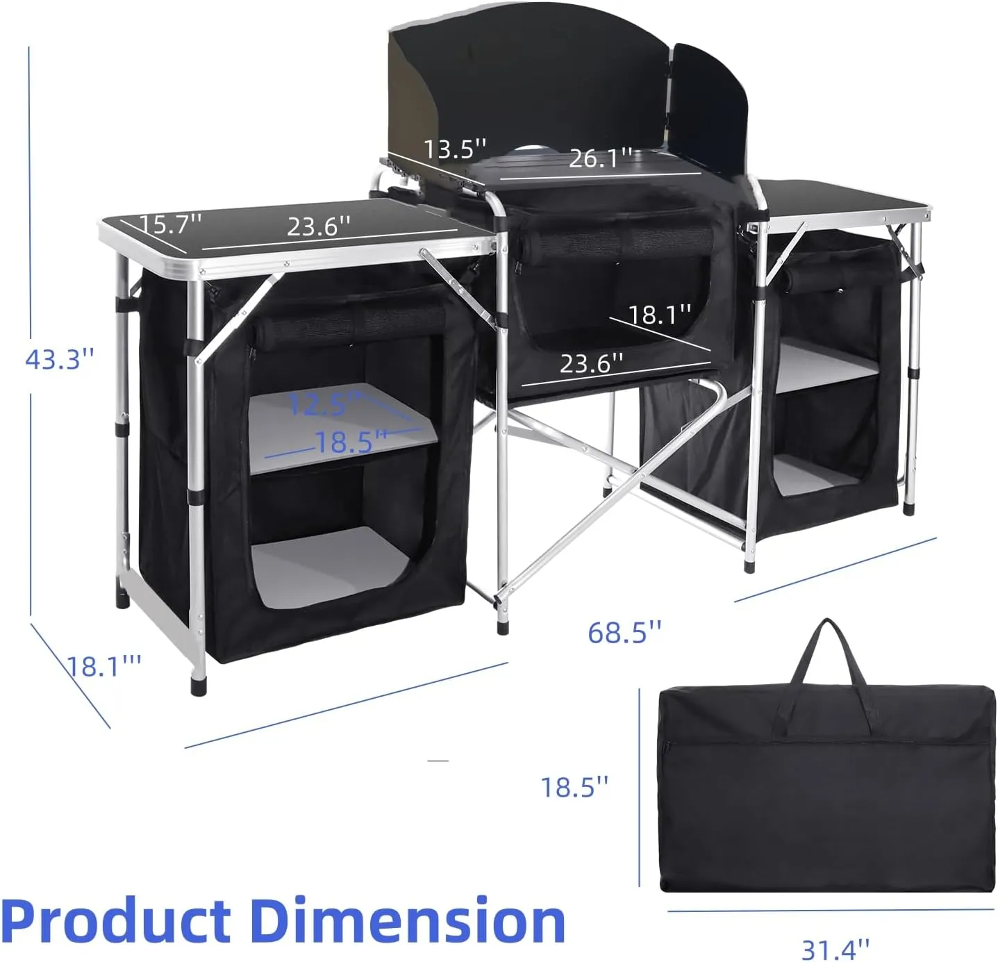Portable Kitchen Camping Table with Storage Aluminum Picnic Table Folding Table Outdoor Cooking Station with Windscreen Cupboards for BBQ, Party, Outdoor Cooking Black