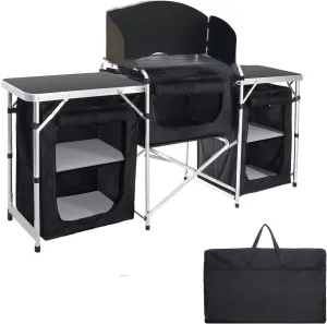 Portable Kitchen Camping Table with Storage Aluminum Picnic Table Folding Table Outdoor Cooking Station with Windscreen Cupboards for BBQ, Party, Outdoor Cooking Black