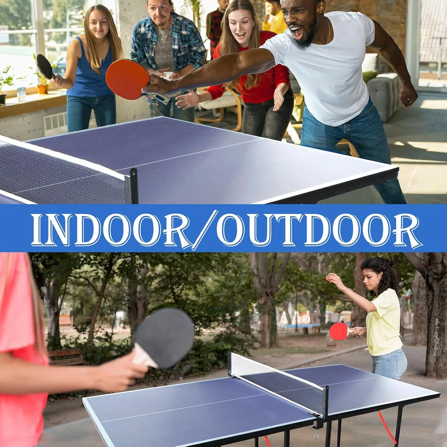 Portable Ping Pong Table 4.5FT/6FT/9FT Foldable Compact Space-Saving Design, Multi-Use Table Tennis Table for Kids Teens Adults, Free Standing Indoor/Outdoor Game