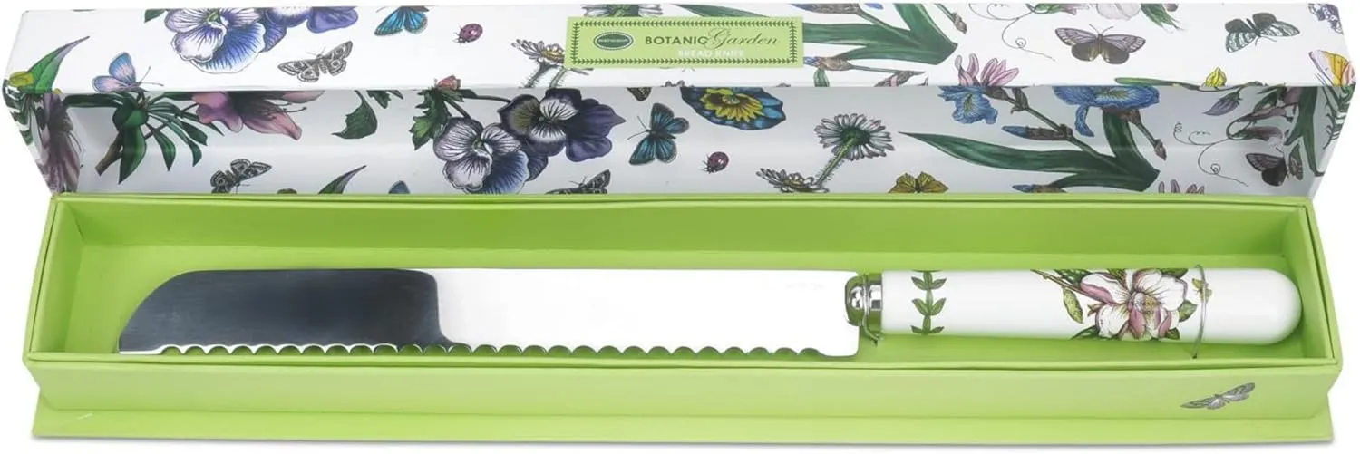 Portmeirion Botanic Garden 13.25" Bread Knife - Stainless Steel Blade with Porcelain Handle, Chip-Resistant Glaze, Floral Motif - Durable Tableware for Slicing Bread or Artisan Loaves