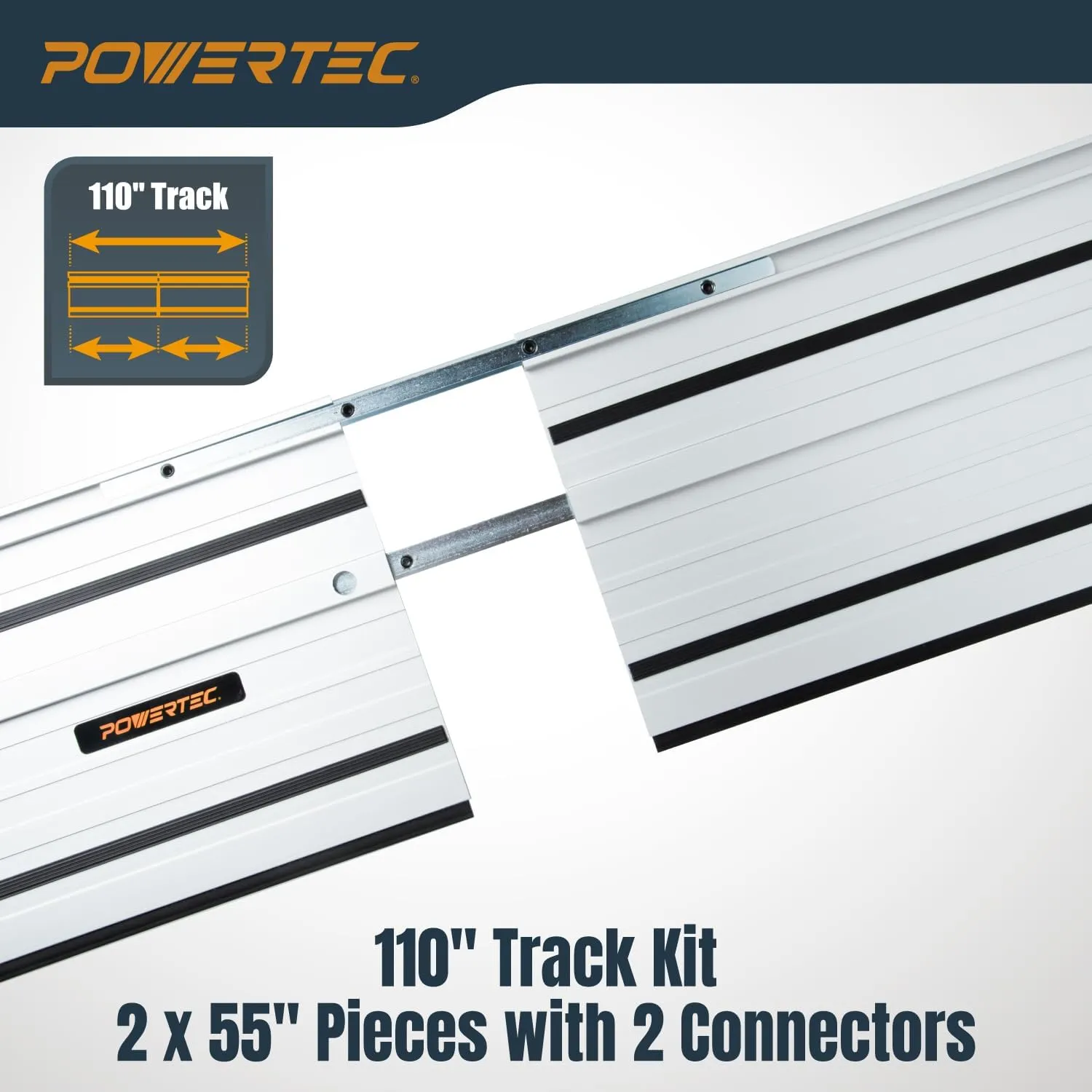 POWERTEC 110" Track Saw Guide Rail Joining Set for Kreg Track Saws, Include 2x55" Extruded Aluminum Guide Rail and 2 Rail Extension Connectors Perfect for Repeatable Rip Cuts & Crosscuts (71991)