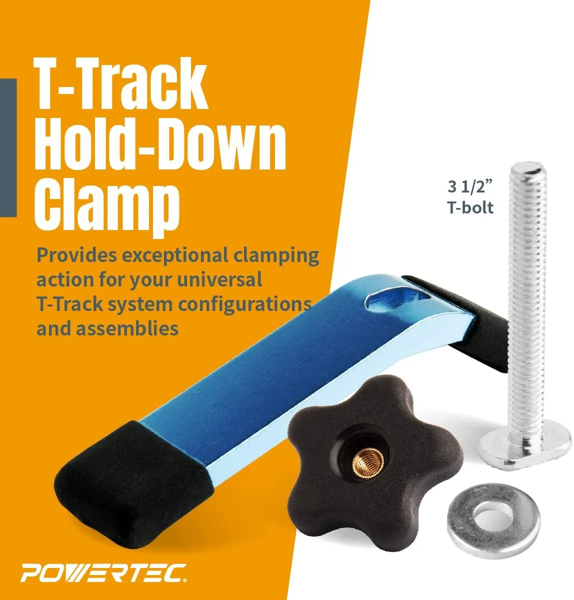 POWERTEC 71168-P2 T-Track Hold Down Clamp, 5-1/2” L x 1-1/8” W, 4 Pack, T Track Clamps for Woodworking