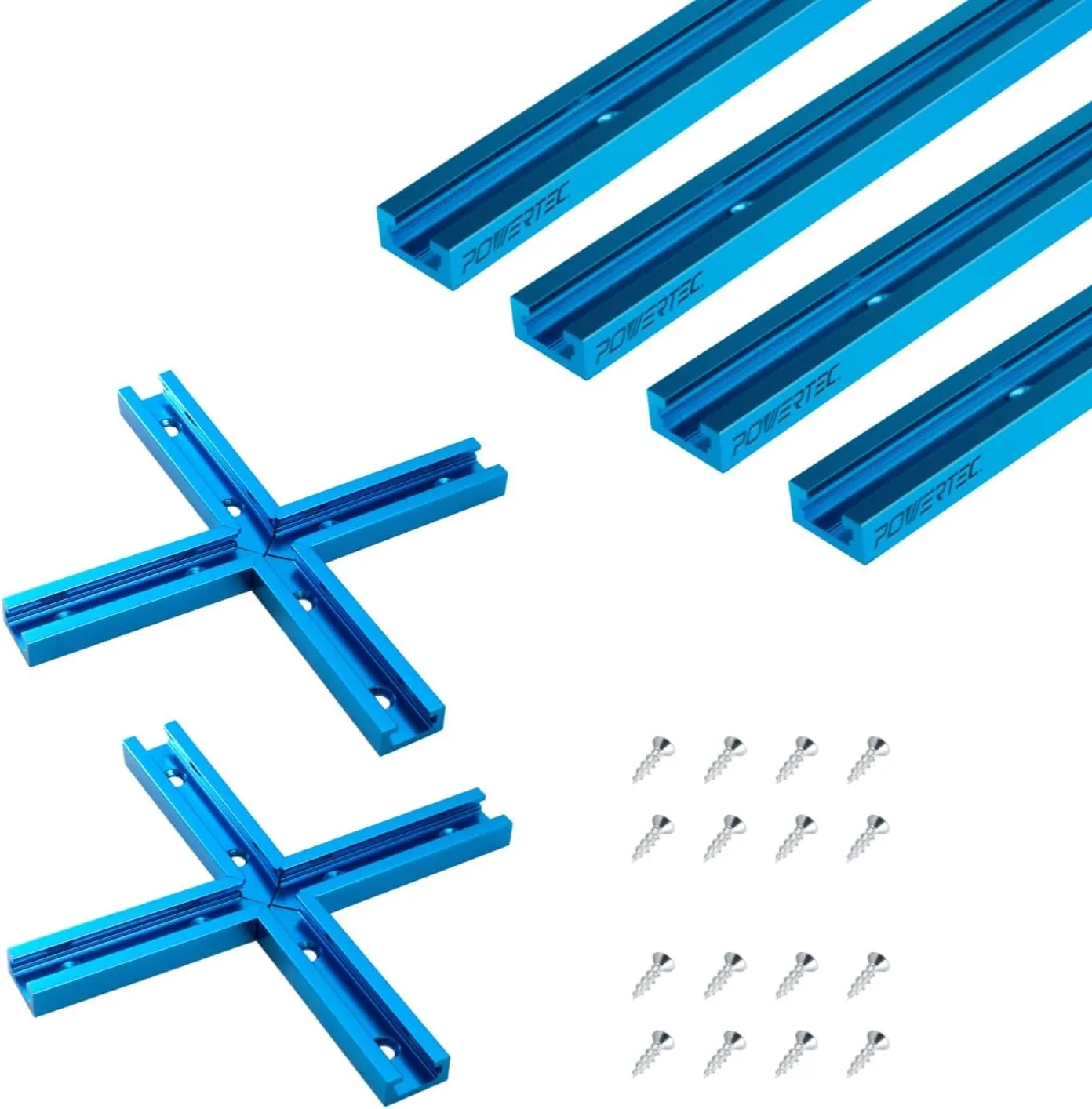 POWERTEC 72082 Double-Cut Profile Universal T-Track & Intersection Kit, 4pc 36 Inch Aluminum T Tracks with 2 Sets 3" T-Track Intersection Kit, Drill Press Table, Router Table, Workbench