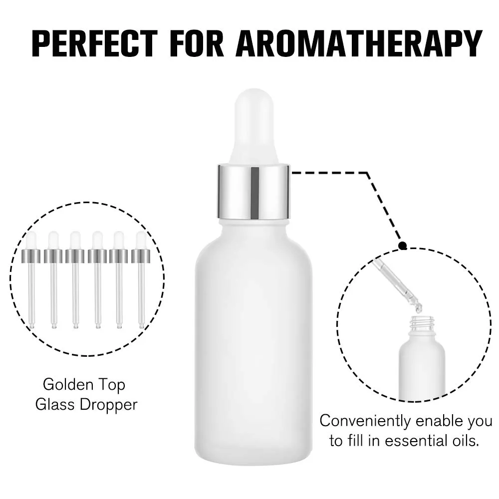 PrettyCare Eye Dropper Bottle 1 oz (24 Pack Frosted Glass Bottles 30ml with Silver Caps, 48 Labels, Funnel & Measured Pipettes) Empty Tincture Bottles for Essential Oils, Perfume