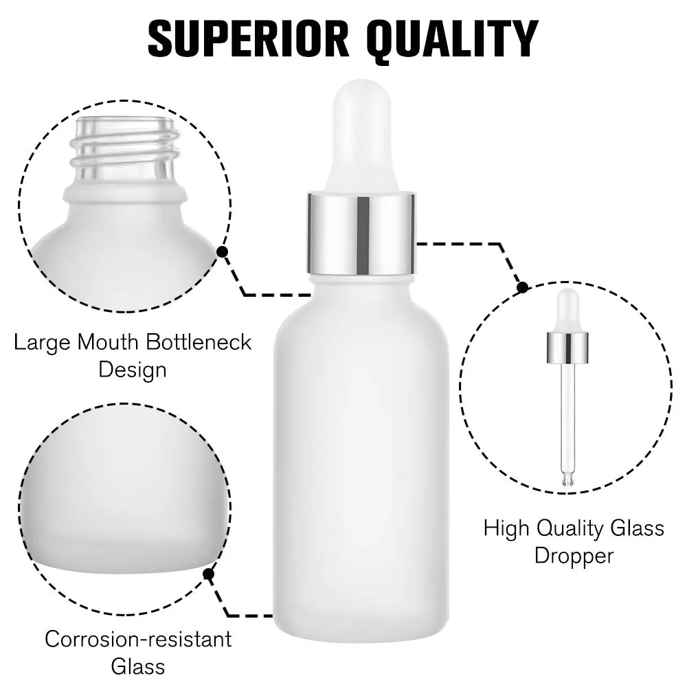 PrettyCare Eye Dropper Bottle 1 oz (24 Pack Frosted Glass Bottles 30ml with Silver Caps, 48 Labels, Funnel & Measured Pipettes) Empty Tincture Bottles for Essential Oils, Perfume