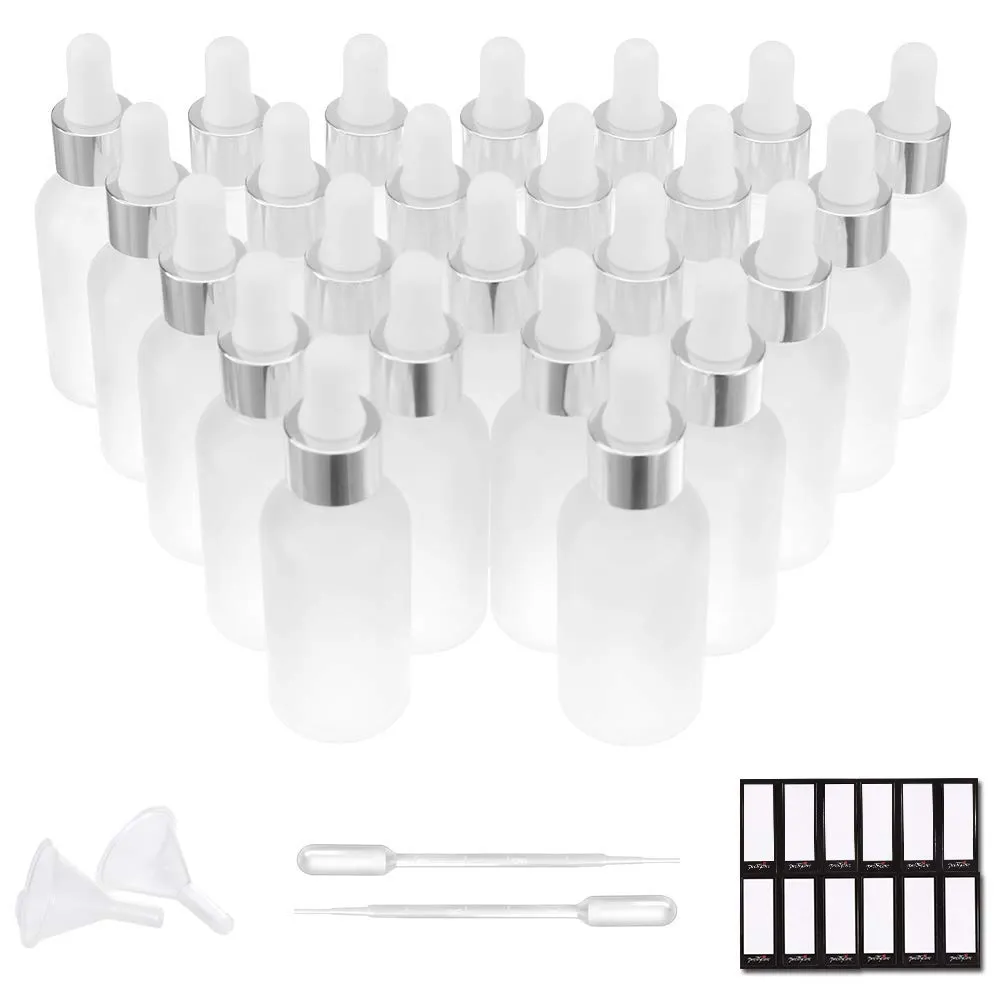PrettyCare Eye Dropper Bottle 1 oz (24 Pack Frosted Glass Bottles 30ml with Silver Caps, 48 Labels, Funnel & Measured Pipettes) Empty Tincture Bottles for Essential Oils, Perfume