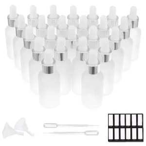 PrettyCare Eye Dropper Bottle 1 oz (24 Pack Frosted Glass Bottles 30ml with Silver Caps, 48 Labels, Funnel & Measured Pipettes) Empty Tincture Bottles for Essential Oils, Perfume