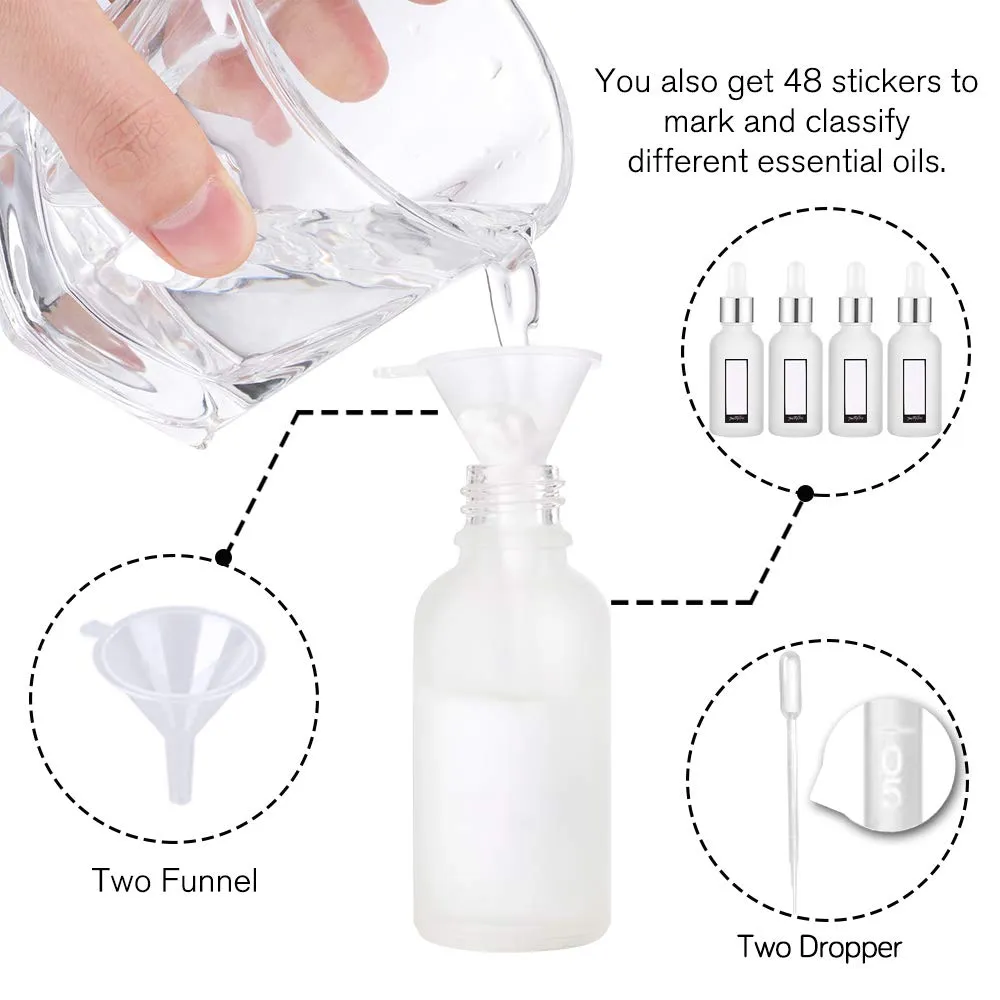 PrettyCare Eye Dropper Bottle 1 oz (24 Pack Frosted Glass Bottles 30ml with Silver Caps, 48 Labels, Funnel & Measured Pipettes) Empty Tincture Bottles for Essential Oils, Perfume