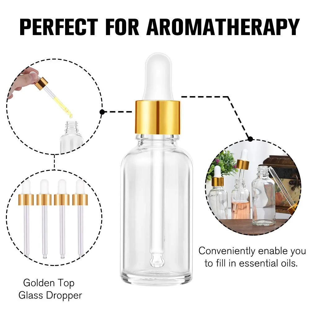 PrettyCare Eye Dropper Bottle 2 oz (63 Pack Clear Glass Bottles 60ml with Golden Caps, 2 Extra Eye Droppers, 120 Labels, 10 Funnel & Measured Pipettes) Empty Tincture Bottles for Essential Oils