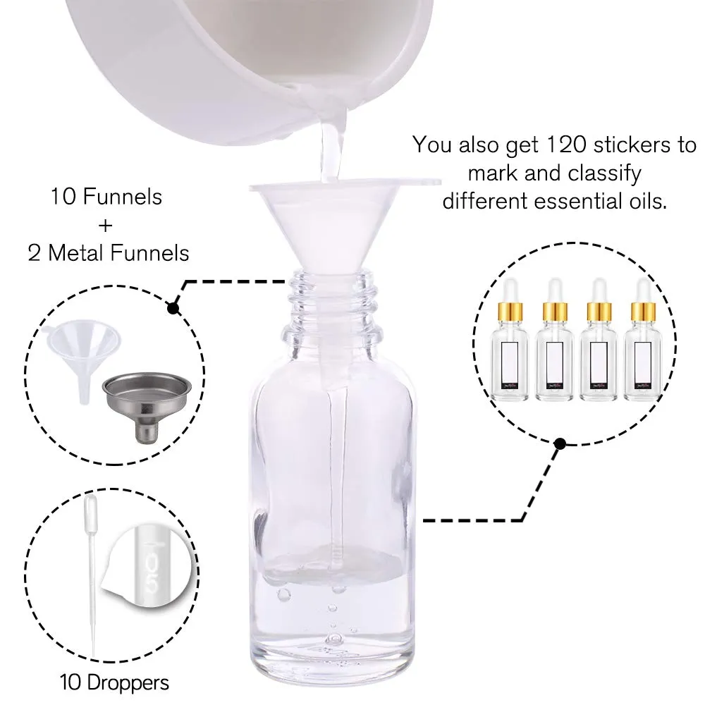 PrettyCare Eye Dropper Bottle 2 oz (63 Pack Clear Glass Bottles 60ml with Golden Caps, 2 Extra Eye Droppers, 120 Labels, 10 Funnel & Measured Pipettes) Empty Tincture Bottles for Essential Oils