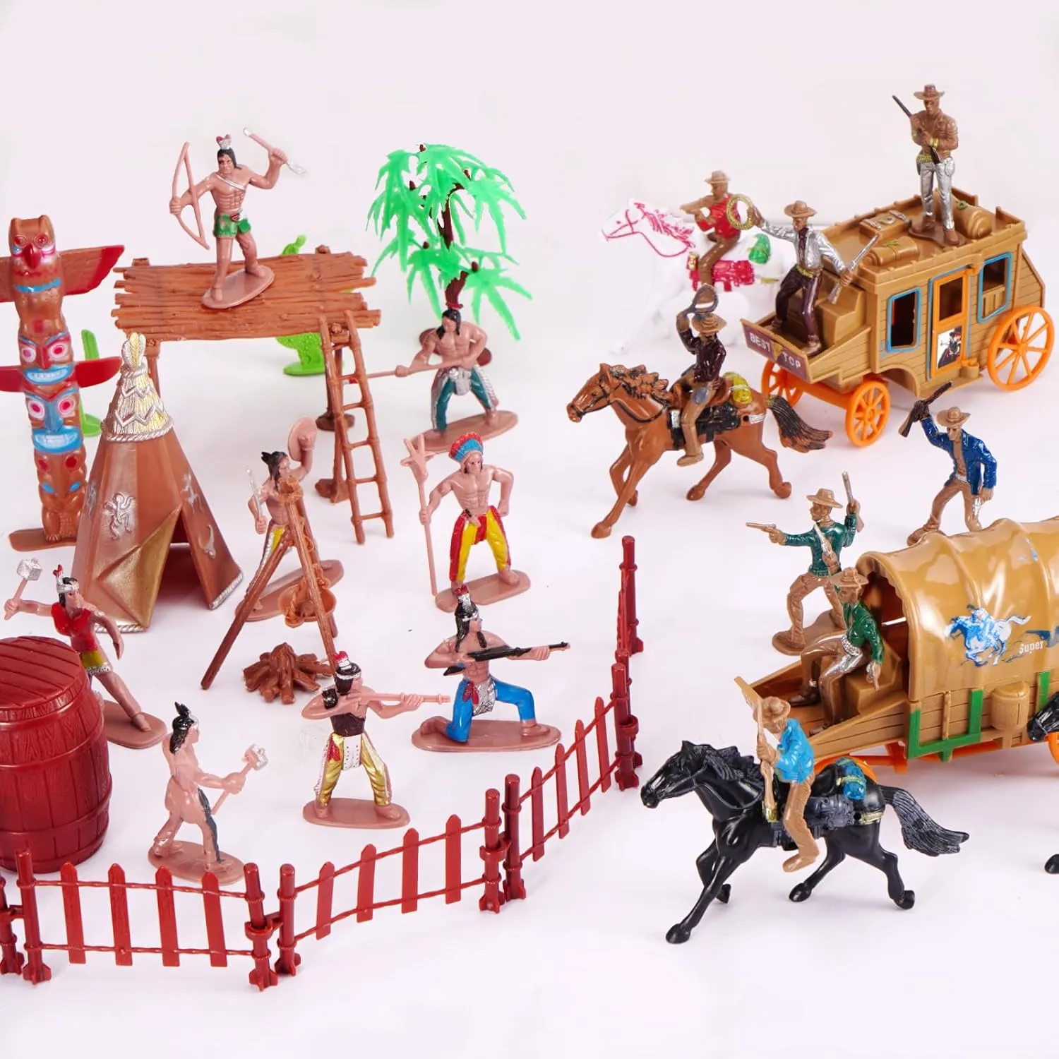 PROLOSO 56 Pcs Cowboys & Indians Figure Playset Toy Native American Figures Wild West Miniature Kit