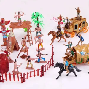 PROLOSO 56 Pcs Cowboys & Indians Figure Playset Toy Native American Figures Wild West Miniature Kit