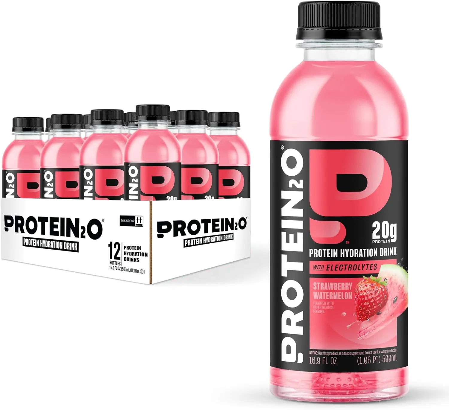 Protein2o 20g Whey Protein Isolate Hydration Drink, 350mg of Electrolytes, Vitamins B5 & B6, Sugar Free, Strawberry Watermelon, 16.9 oz Bottle (12 Count)