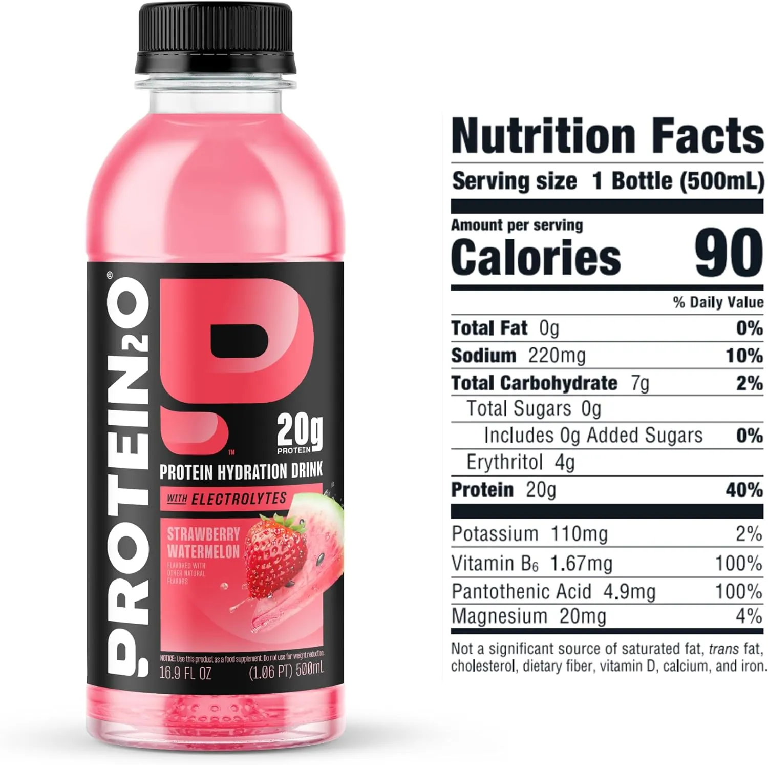 Protein2o 20g Whey Protein Isolate Hydration Drink, 350mg of Electrolytes, Vitamins B5 & B6, Sugar Free, Strawberry Watermelon, 16.9 oz Bottle (12 Count)