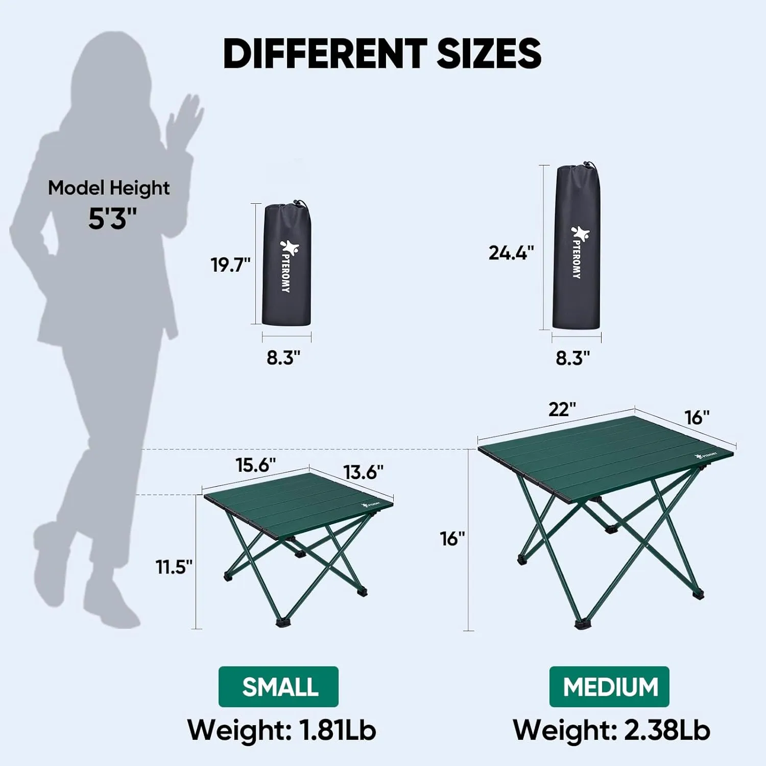 PTEROMY Folding Camping Table, Portable Beach Table with Ultralight Aluminum Tabletop for Travel, Outdoor, Camping, Picnics, and BBQs (Medium, Green)