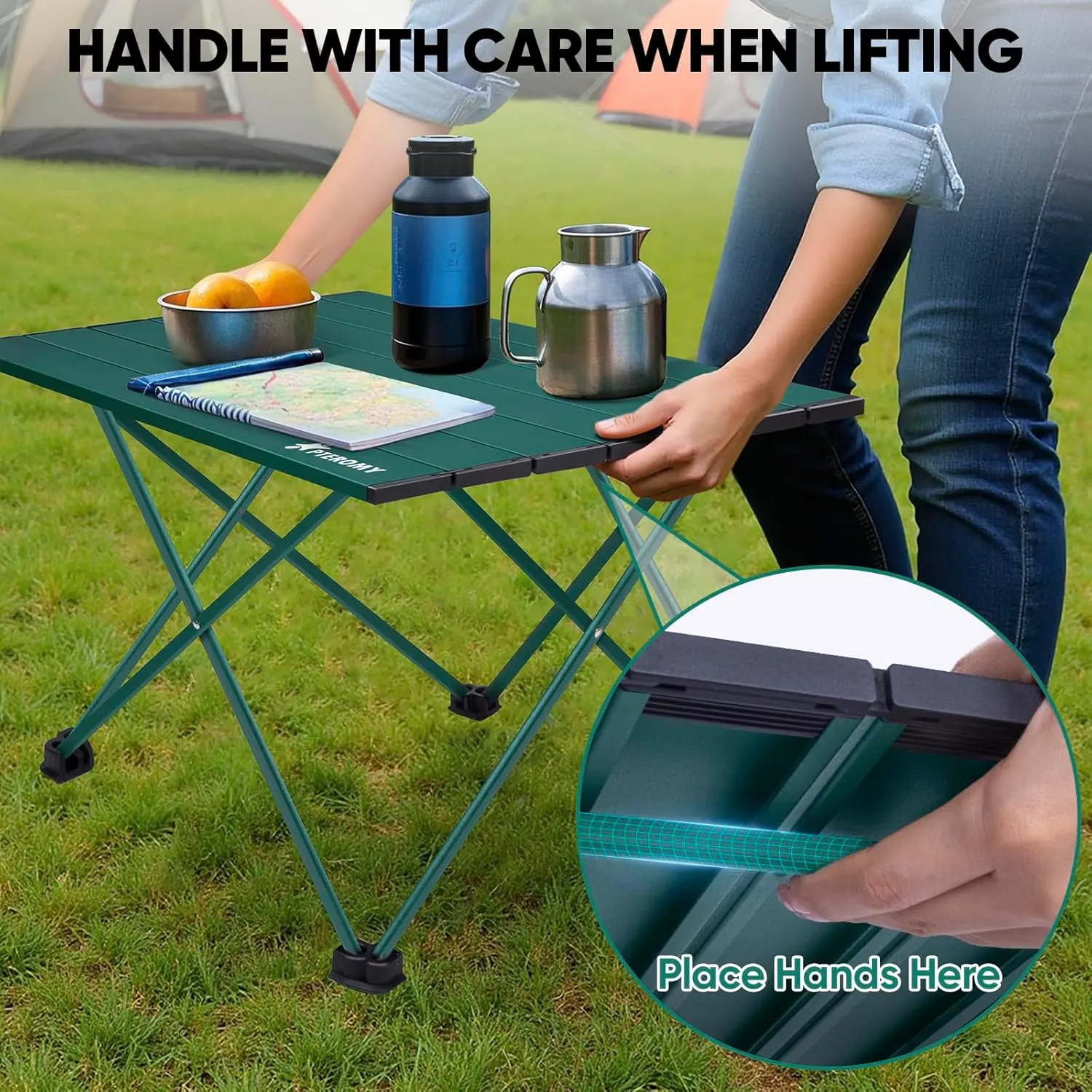 PTEROMY Folding Camping Table, Portable Beach Table with Ultralight Aluminum Tabletop for Travel, Outdoor, Camping, Picnics, and BBQs (Medium, Green)