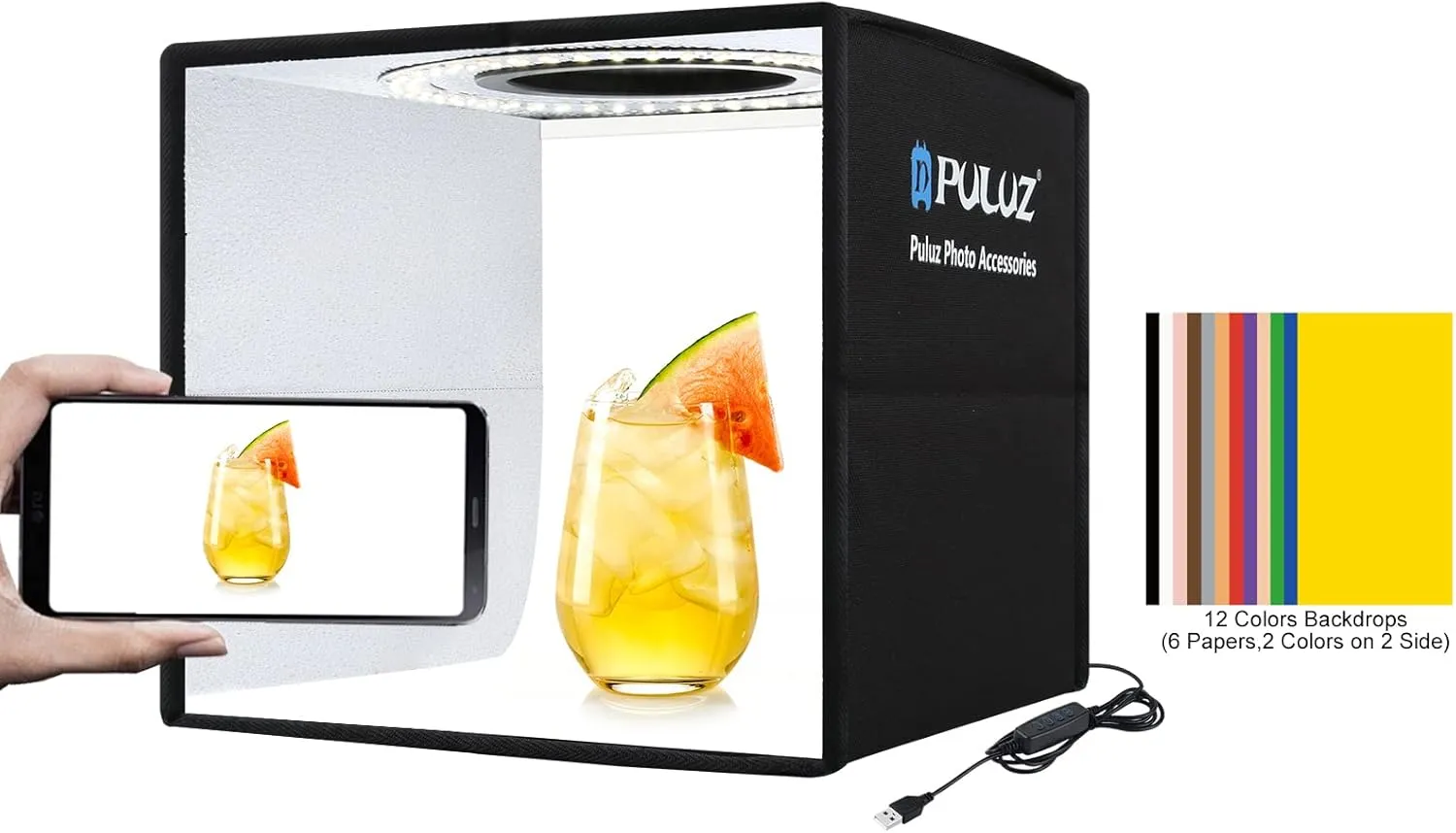 PULUZ Mini Photo Studio Light Box, Portable Folding Photography Light Booth, CRI>95, 96pcs LED Light 6 Kinds Double-Sided Color Backdrops for Small Products(9.8 x 9.8 inch)