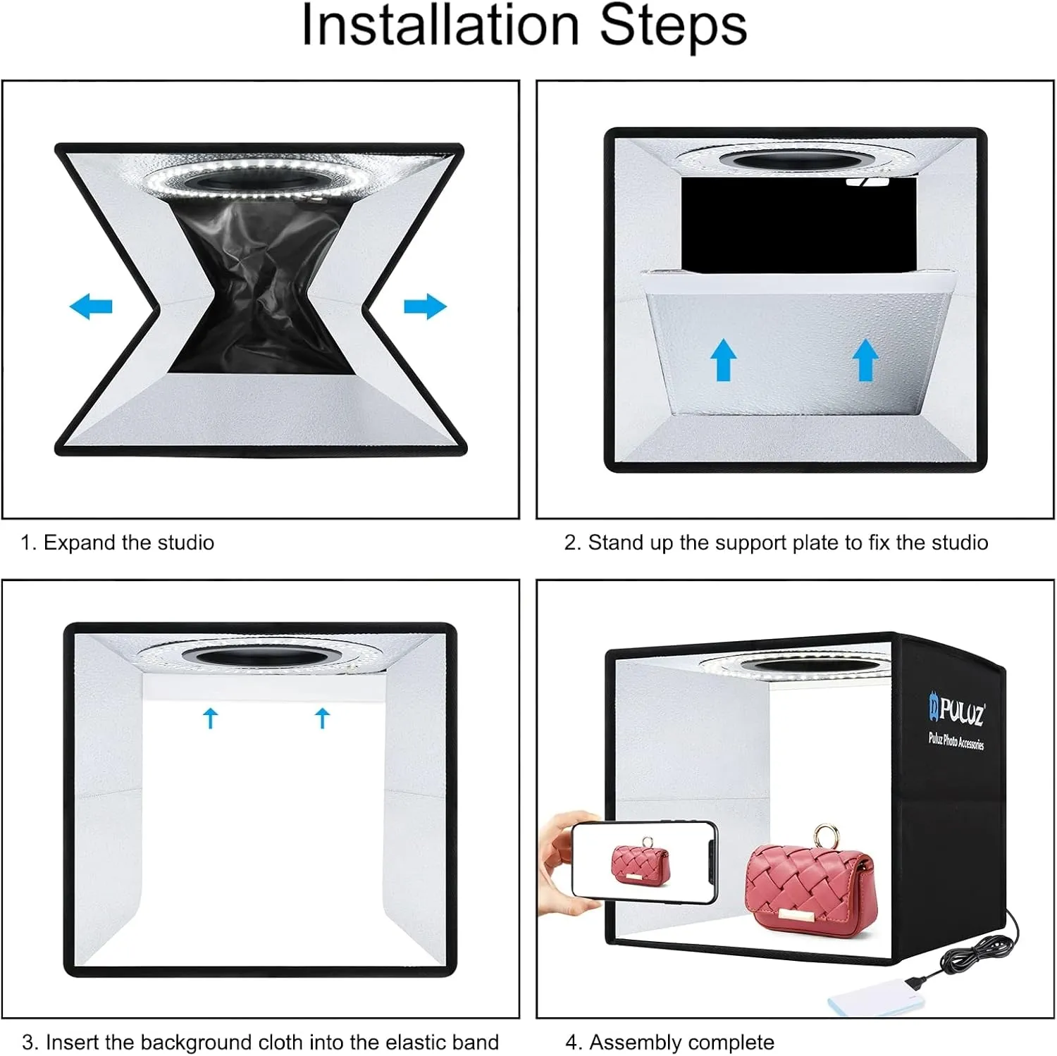 PULUZ Mini Photo Studio Light Box, Portable Folding Photography Light Booth, CRI>95, 96pcs LED Light 6 Kinds Double-Sided Color Backdrops for Small Products(9.8 x 9.8 inch)