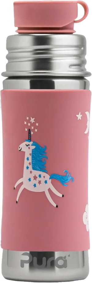 Pura Sport Mini 11oz/325ml Bottle w/Sleeve & Silicone Big Mouth Sport Top - Stainless Steel, Leak-Proof & Spill-Proof for Kids, Toddlers, Preschoolers - Unicorn