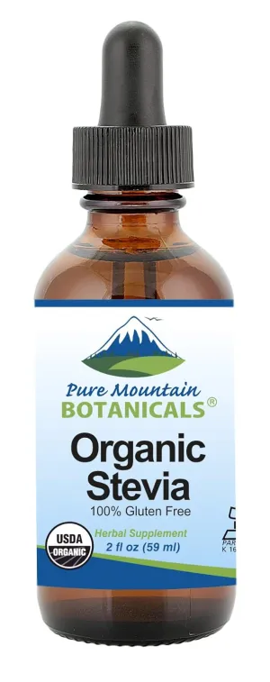 Pure Mountain Botanicals Organic Liquid Stevia Sweetener – Alcohol Free and Kosher Sweet Sugar Substitute Stevia Drops - 2oz Glass Bottle