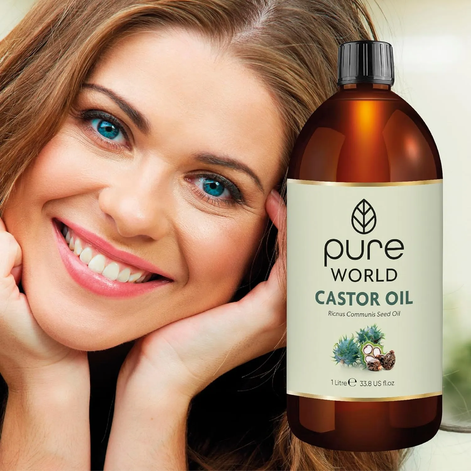 Pure World Castor Oil 1000ml (33.8oz). Cold Pressed 100% Pure and Natural Hexane Free For Eyebrows, Nails, Beard, Hair, Eyelash Growth Cruelty-Free