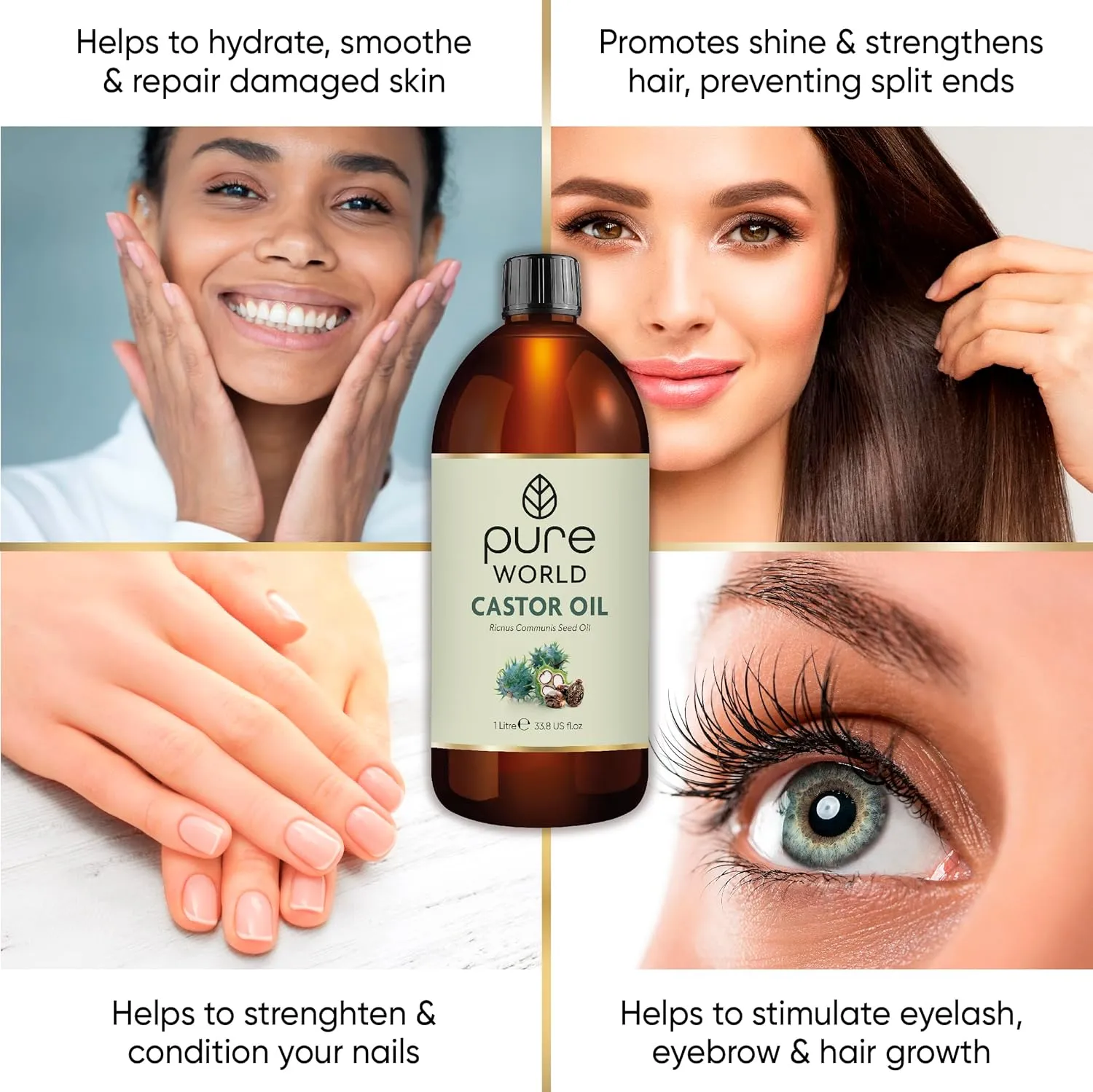 Pure World Castor Oil 1000ml (33.8oz). Cold Pressed 100% Pure and Natural Hexane Free For Eyebrows, Nails, Beard, Hair, Eyelash Growth Cruelty-Free