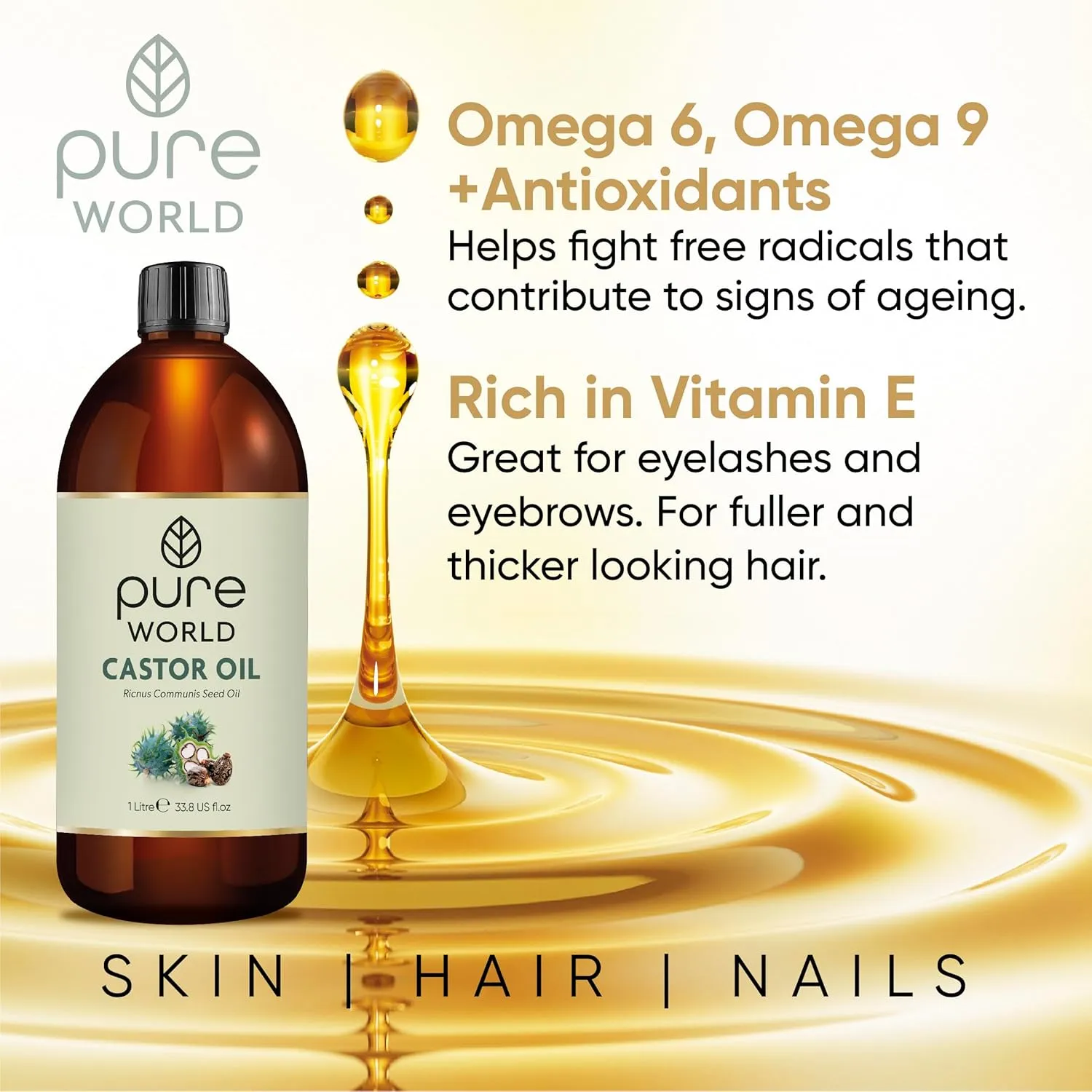 Pure World Castor Oil 1000ml (33.8oz). Cold Pressed 100% Pure and Natural Hexane Free For Eyebrows, Nails, Beard, Hair, Eyelash Growth Cruelty-Free