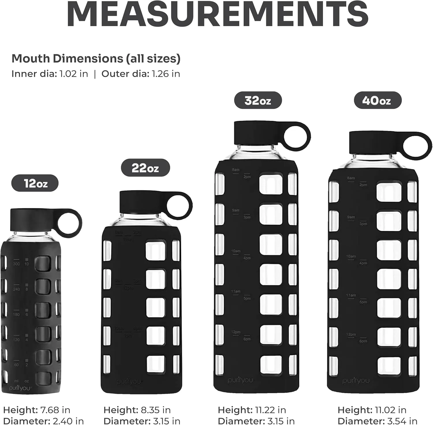 purifyou 40/32/22/12 oz Borosilicate Glass Water Bottles with Volume Markers, Silicone Sleeve, Stainless Steel Lid, Reusable Bottle for Water, Juice, Gym, and Fridge Storage (40oz Jet Black)