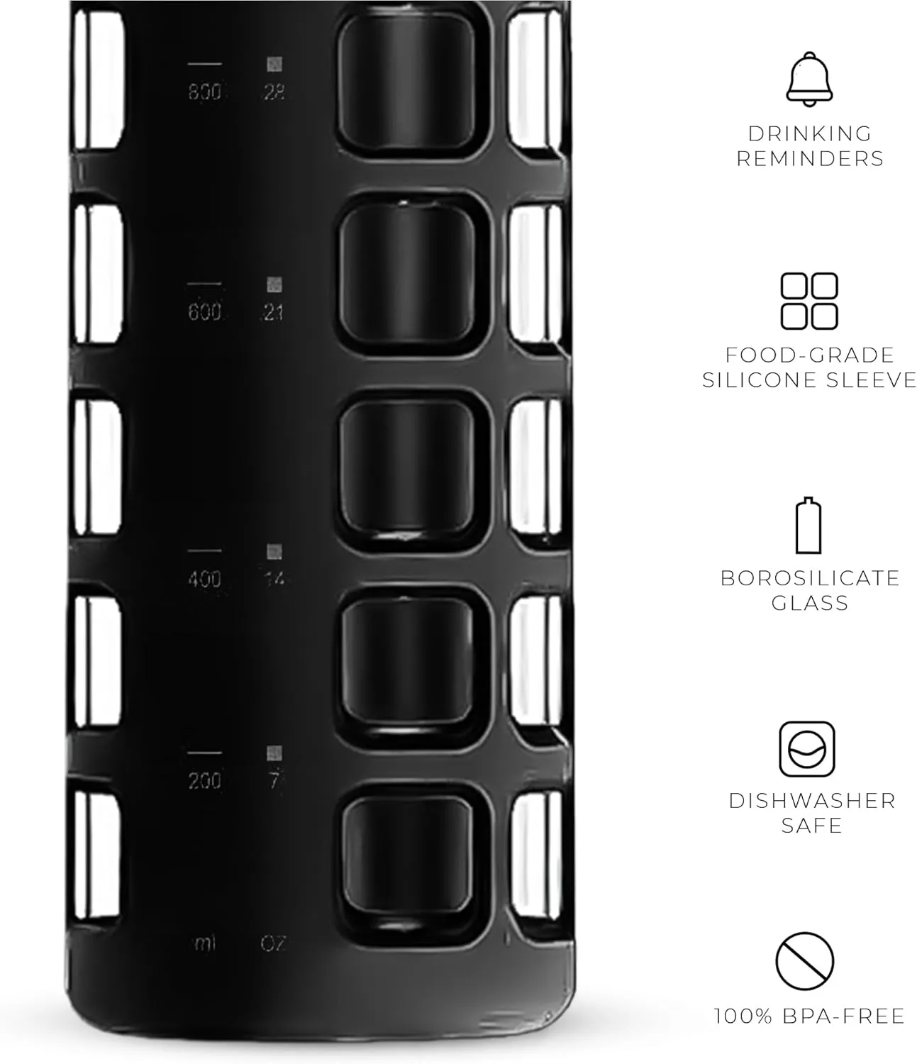 purifyou 40/32/22/12 oz Borosilicate Glass Water Bottles with Volume Markers, Silicone Sleeve, Stainless Steel Lid, Reusable Bottle for Water, Juice, Gym, and Fridge Storage (40oz Jet Black)