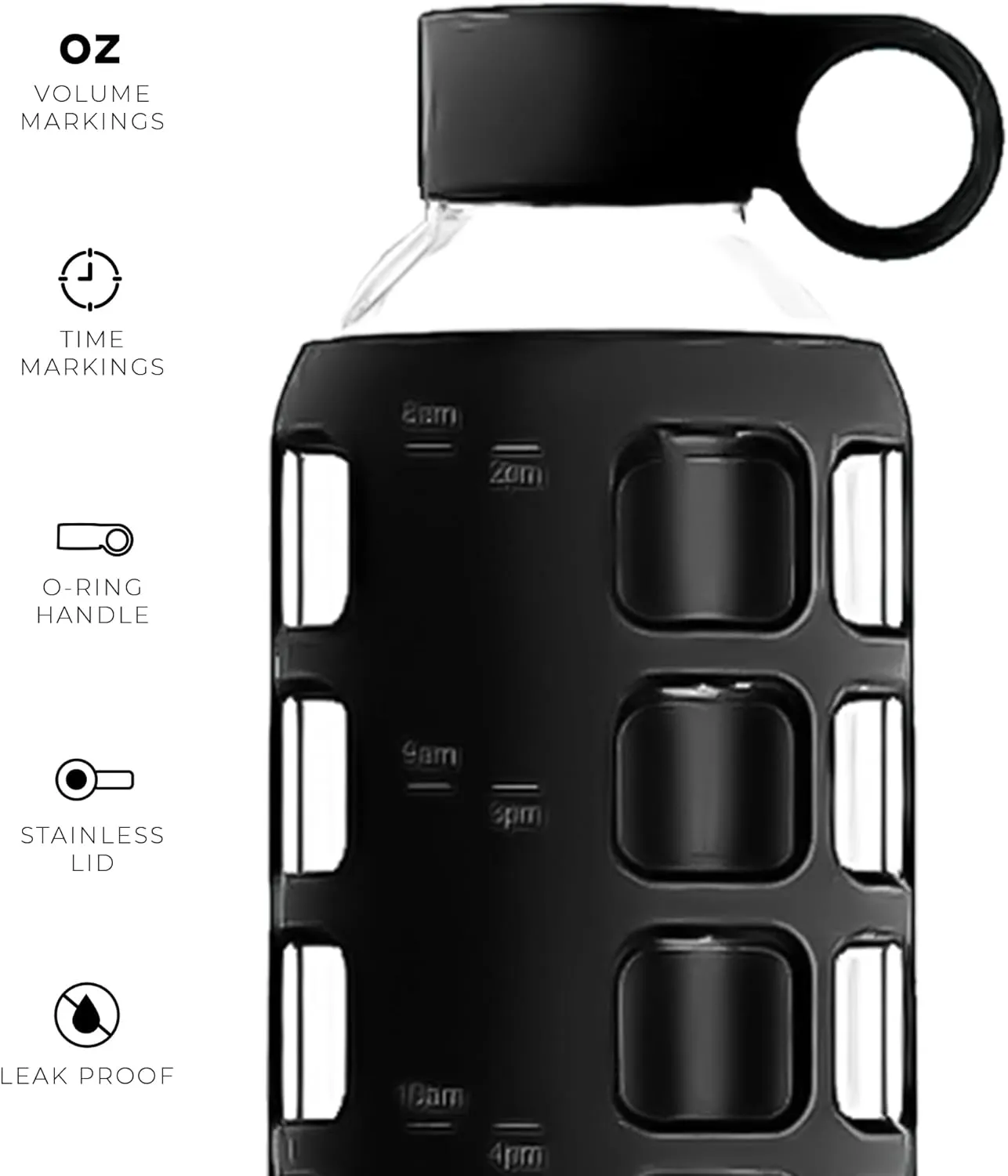 purifyou 40/32/22/12 oz Borosilicate Glass Water Bottles with Volume Markers, Silicone Sleeve, Stainless Steel Lid, Reusable Bottle for Water, Juice, Gym, and Fridge Storage (40oz Jet Black)
