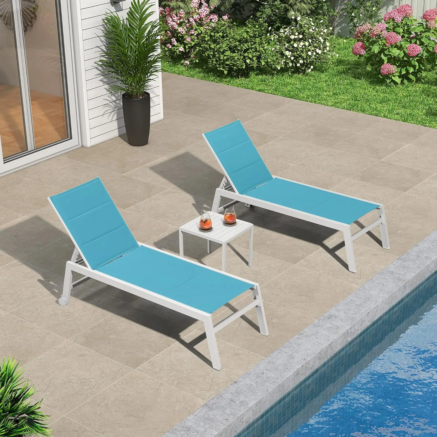PURPLE LEAF Outdoor Chaise Lounge Set Adjustable Sunbathing Recliner with Side Table for Poolside Beach Outside Patio Aluminum Chaise Lounger Turquoise Blue