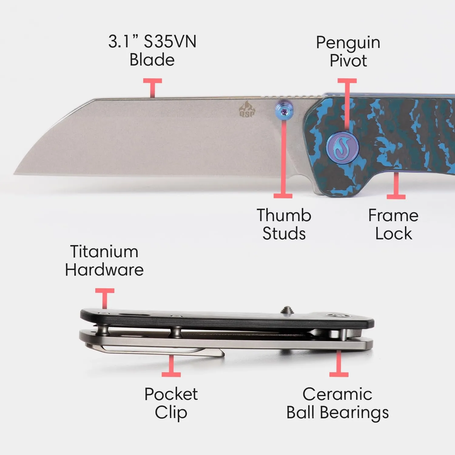 QSP Penguin Titanium Framelock EDC Pocket Knife, Marbled Carbon Fiber Handle, S35VN Steel, Kaviso Exclusive (Artic Storm)