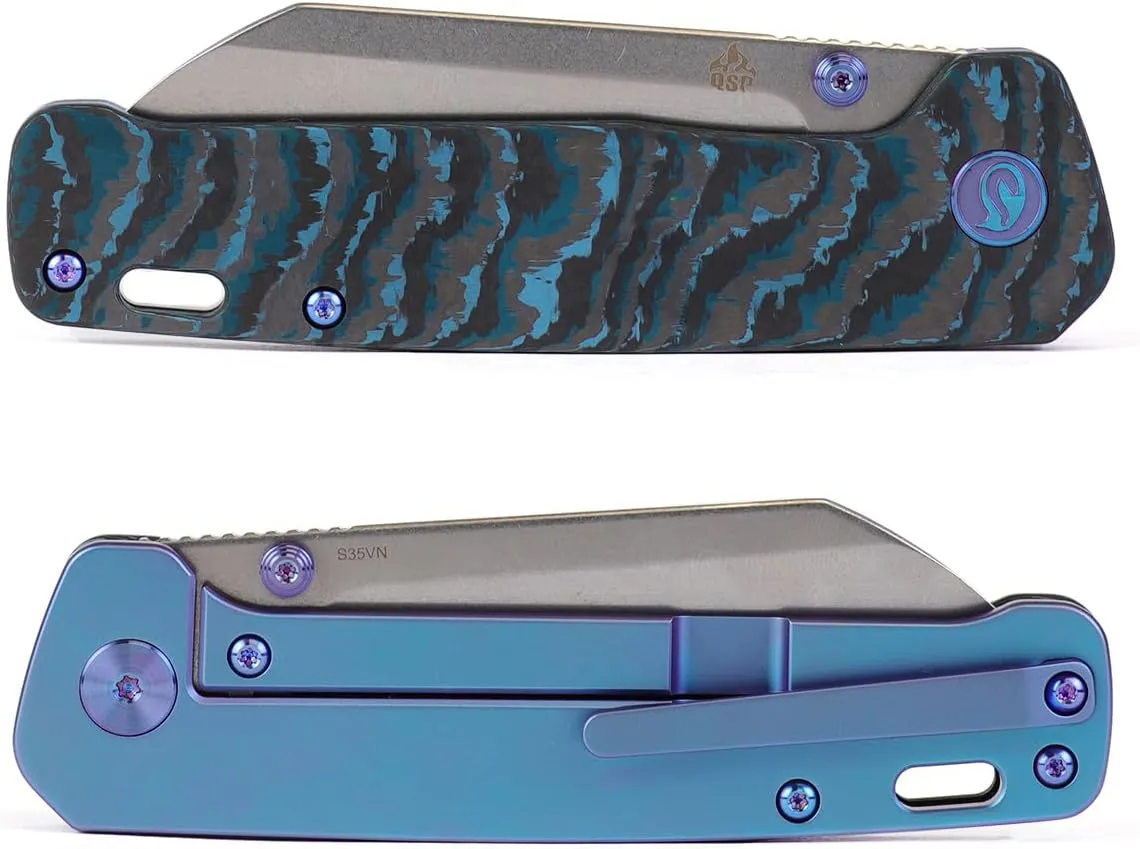 QSP Penguin Titanium Framelock EDC Pocket Knife, Marbled Carbon Fiber Handle, S35VN Steel, Kaviso Exclusive (Artic Storm)