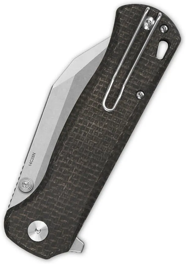 QSP Swordfish Model Pocket Folding Knife, Button Lock, 14C28N Blade With G-10 and Micarta Handles, Thumbstuds With Flipper (Stonewashed Blade, Dark Brown Micarta)