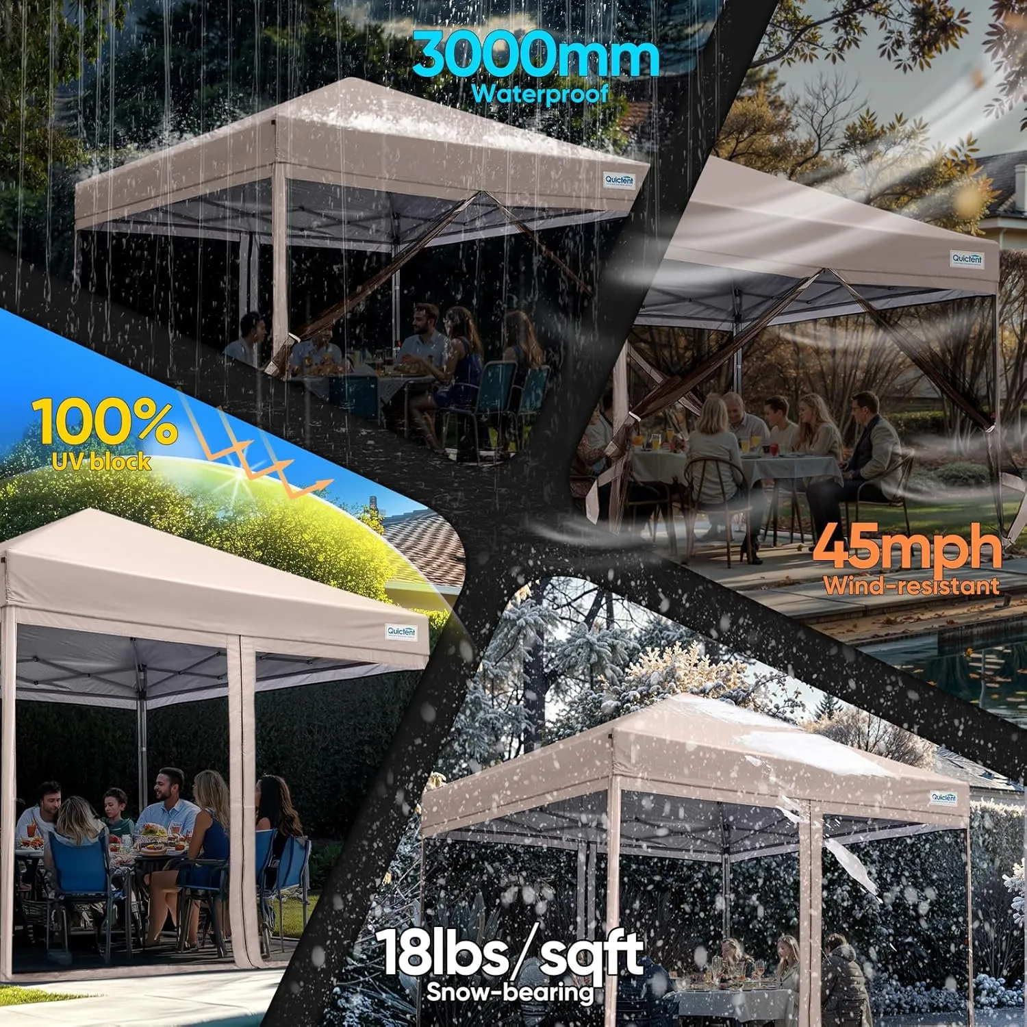 Quictent 8'x8’ Pop up Screened Canopy Tent with Mosquito Netting, Portable Easy up Outdoor Screen House Shelter for Patio, Camping and Picnic, Includes Wheeled Carry Bag (Tan)